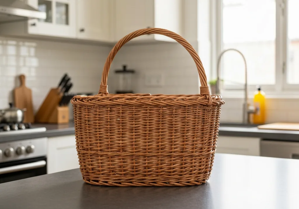 Shopping basket filled with dog supplies including a leash, bowls, toys, and a blanket on a store counter