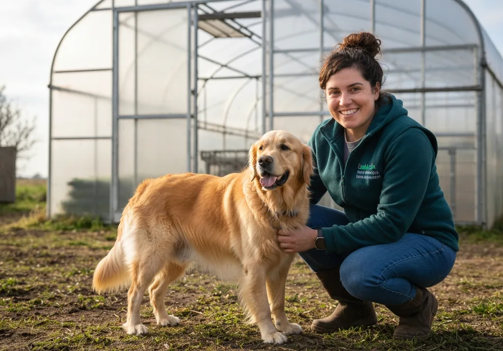 Volunteer gently brushing a calm golden retriever outside a rescue facility