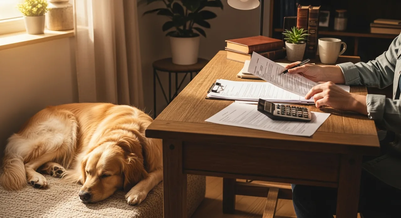 Golden retriever lying beside a home office desk while a person reviews papers with a calculator