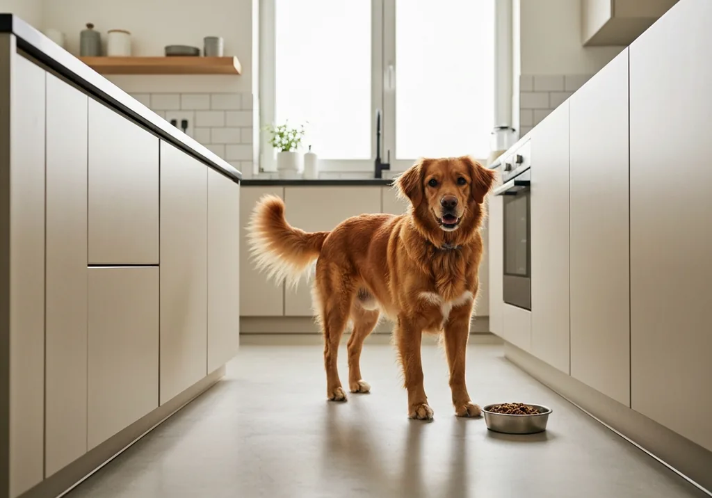 Golden retriever eating kibble from a stainless steel bowl in a tidy kitchen in morning light