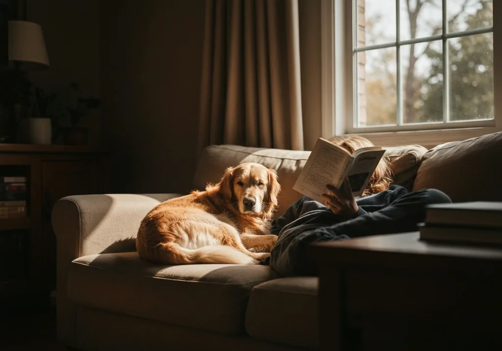 Golden retriever curled up beside a person reading a book in a small apartment living room