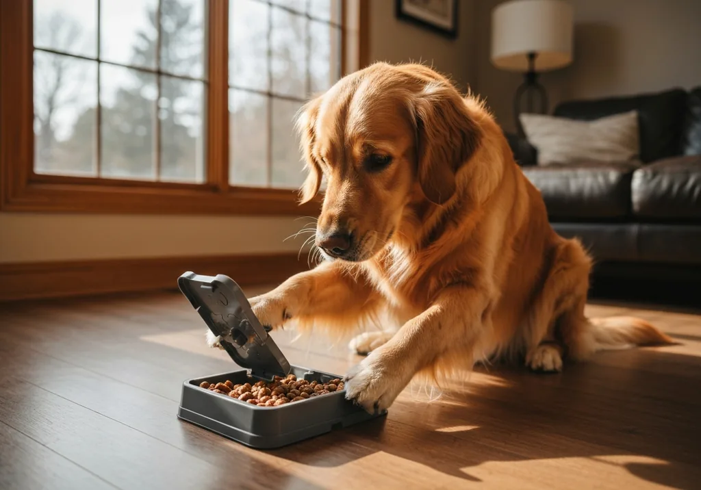 Golden retriever concentrating on a puzzle feeder toy on a living room floor