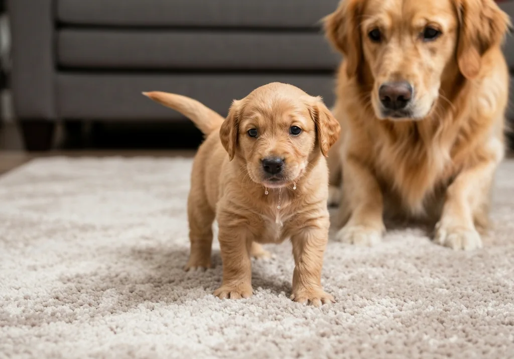 Young golden retriever puppy taking wobbly first steps on grass while its mother watches nearby