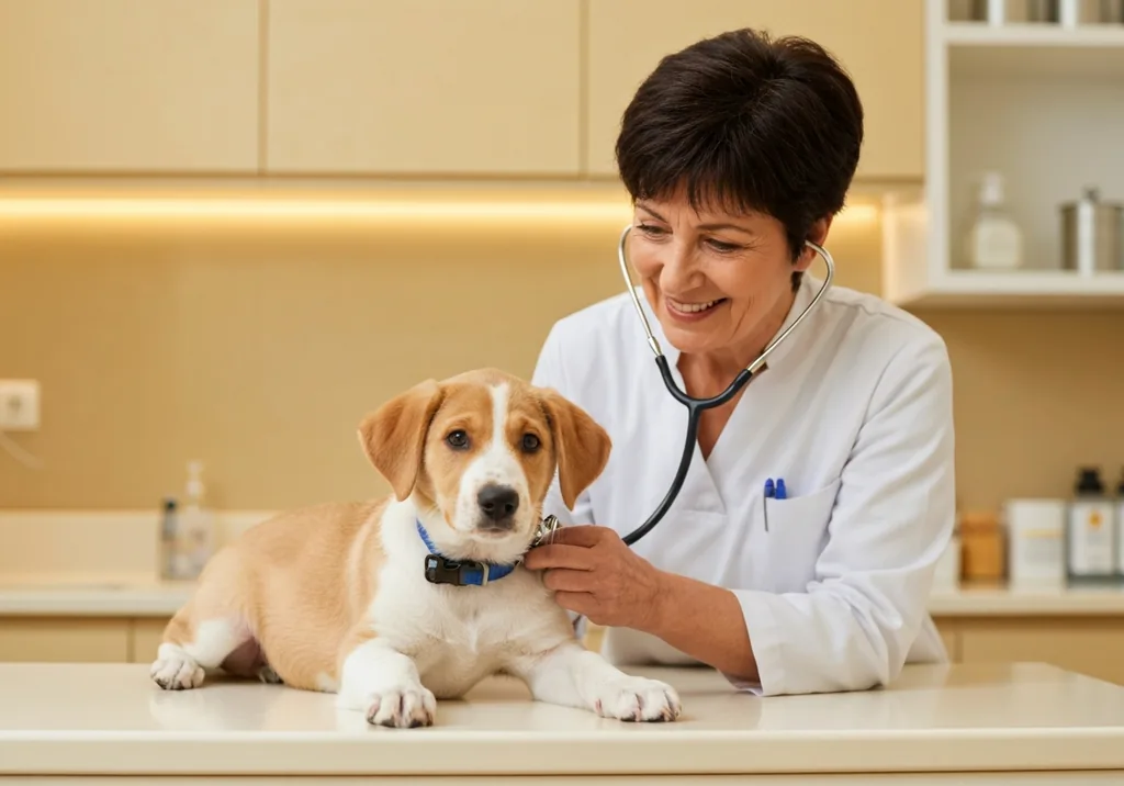 Veterinarian examining a golden retriever puppy with a stethoscope in a modern clinic