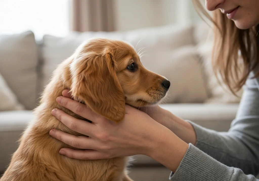 Person's hands gently holding a sleeping golden retriever puppy in a family home