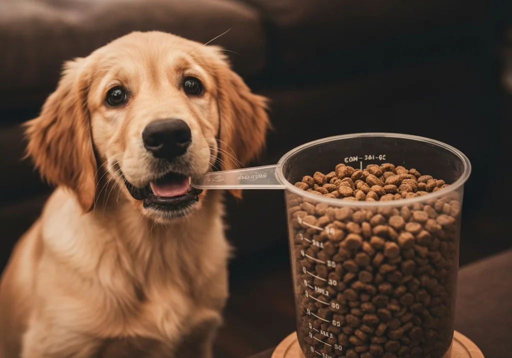 Measuring cup scooping kibble from a storage container while a golden retriever puppy watches in the background
