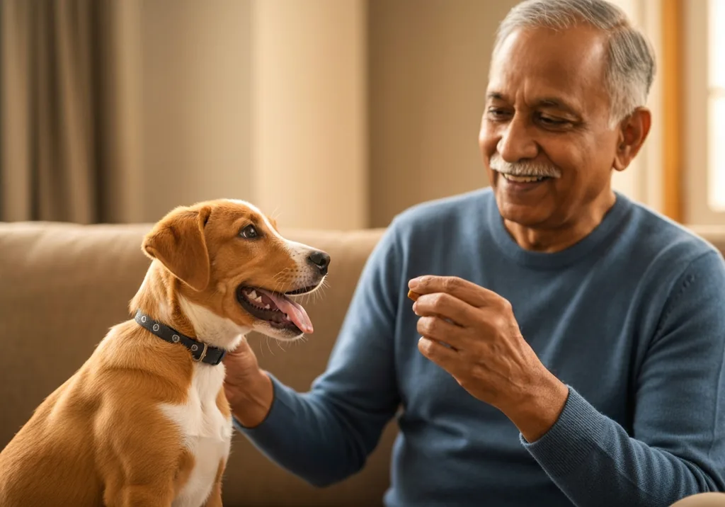Golden retriever puppy sitting attentively in front of a person holding a training treat in a living room