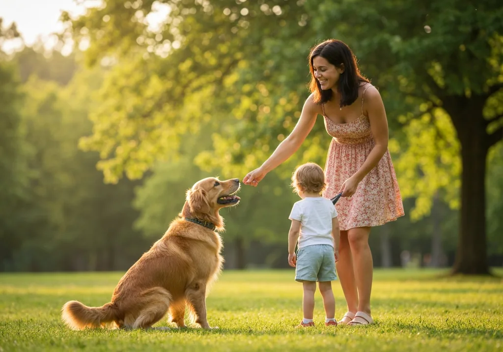 Golden retriever picking up a dropped set of keys and offering them to a seated person