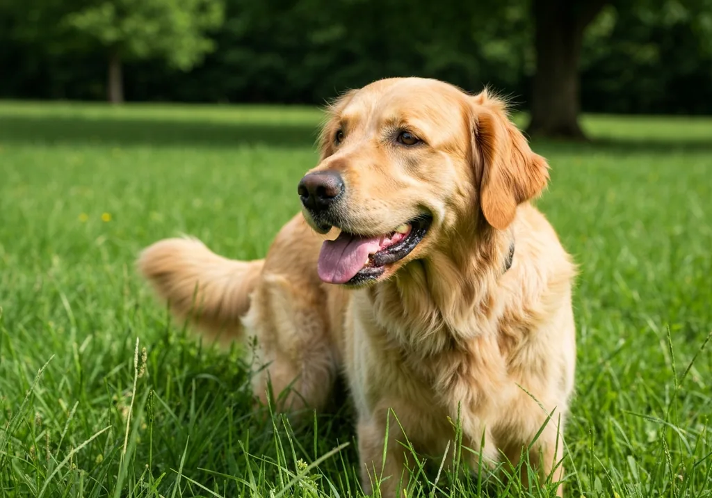 Person's hands feeling the ribs of a fit golden retriever standing on grass during a body condition check