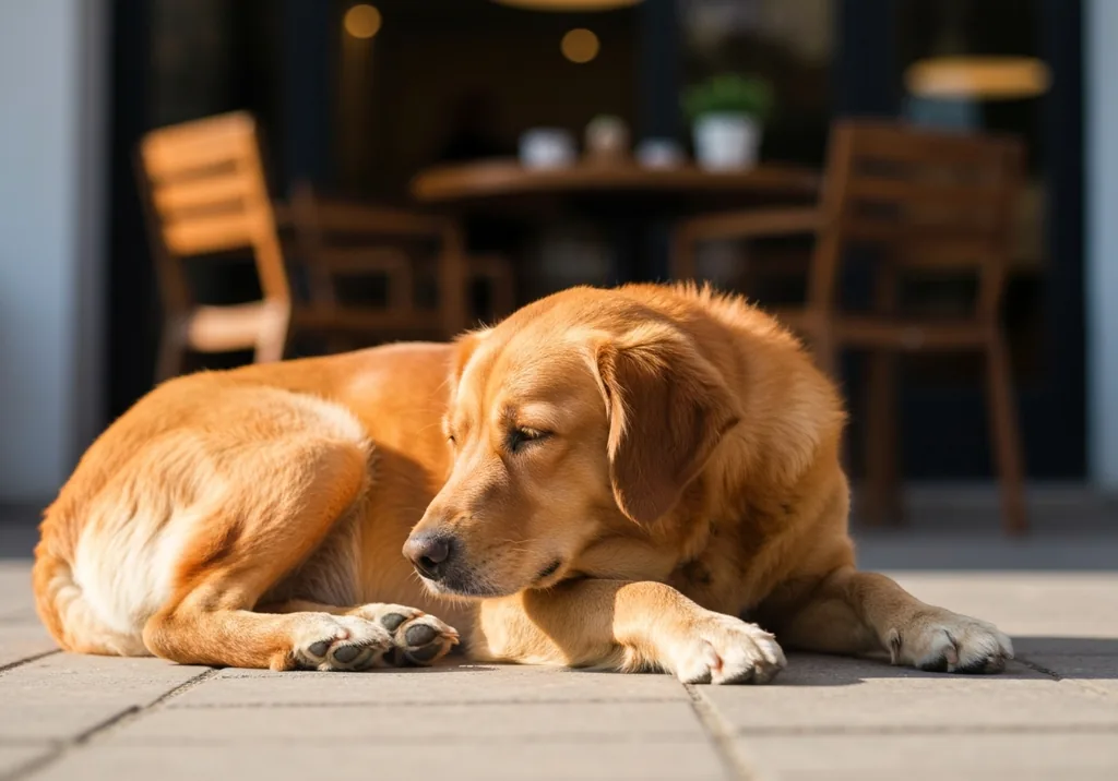 Golden retriever lying calmly under a cafe table beside a person's feet