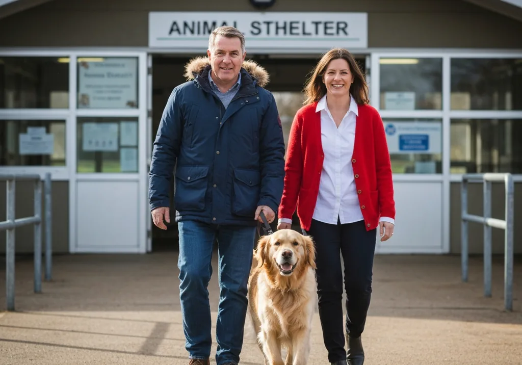 Smiling couple walking an adult golden retriever out of an animal shelter door into the sunshine